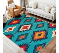 YEGRFJIS Ethnic Living Room Rug with Western Abstract Geometric Native American Aztec Pattern, Short Pile Non-Slip Washable Rug, Bedroom Decor Bedside Rug (130x240cm/Blue)
