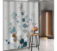 YEGRFJIS Minimalist Foliage Bath Curtain - Blue, White & Beige Leaf Design on Light Gray Background, Modern Abstract, Machine Washable, Bathroom Decor(120x90cm/WxH)