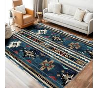 YEGRFJIS Native American-style living room rug with Aztec, Western, ethnic, rustic, and vintage patterns; washable, short-pile, non-slip rug; bedside rug; bedroom decor (200x275cm/Beige Blue)