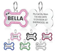 YEHANTI Dog Tags for Pets Engraved UK Glitter Bone Personalised Dog Tag with Lovely Icons Durable Stainless Steel ID Tags for Dogs Custom Dog Name Tag for Puppy Cat Exquisite Pet Gift (S, Pink)