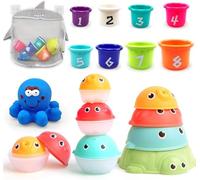 Yehanxue Baby Bath Stacking Toys with Organizer Bag, 8 Stacking Cup Toys, 4 Stack Up Squirts Animal Balls and 1 Floating Blue Octopus, Bath Time Fun Splash Toys, Gifts for Toddler 1-3 Years