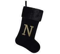 Yehnois 20 Inches Initial Monogram Christmas Stocking Personalized,Deluxe Black Velvet Body with Super Soft Plush Cuff Embroidered Letter,Holiday Season Decor(N)