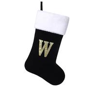 Yehnois 20 Inches Initial Monogram Christmas Stocking Personalized,Deluxe Black Velvet Body with Super Soft Plush Cuff Embroidered Letter,Holiday Season Decor（W）