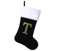 Yehnois 20 Inches Initial Monogram Christmas Stocking Personalized,Deluxe Black Velvet Body with Super Soft Plush Cuff Embroidered Letter,Holiday Season Decor（T）