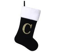 Yehnois 20 Inches Initial Monogram Christmas Stocking Personalized,Deluxe Black Velvet Body with Super Soft Plush Cuff Embroidered Letter,Holiday Season Decor（C）