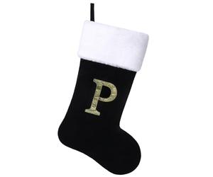Yehnois 20 Inches Initial Monogram Christmas Stocking Personalized,Deluxe Black Velvet Body with Super Soft Plush Cuff Embroidered Letter,Holiday Season Decor（P）