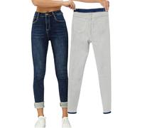Yehopere Women Winter Fleece Lined Jeans Slim Fit Warm High Waist Jeans, Dark Wash, M/Short