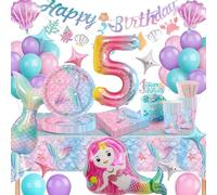 YEJIKJ Mermaid 5th Birthday Decorations - Party Tableware Set with Balloons, Plates, Banner for 16 Guests