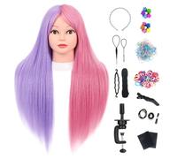 Yekavo Mannequin Head with Hair 26'', Training Doll Head for Hair Styling Practice 50% Real Hair, Hairdressing Head For Braiding Makeup and with Table Clamp Hairdressing Tools Accessories, Pink Purple