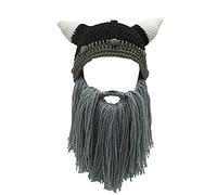 YEKEYI Baby Adult Beard Viking Knit Hat with Horns Barbarian Funny Beanie Cap Handmade (Gray, S-for Children)
