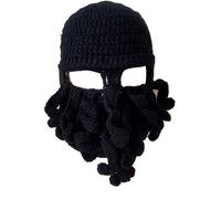 YEKEYI Funny Knight Helmet Beanie with Beard Hat Handmade Knitted Winter Thick Cap Octopus Hat Halloween Cosplay Ski Mask Black