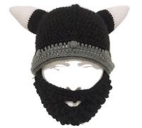 YEKEYI Knit Helmet and Removable Beard Barbarian Knight Knit Hat Viking Horns Beanie Funny Caps Ski Hat Black