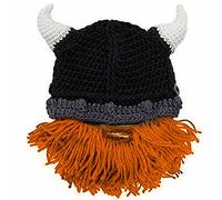 YEKEYI Viking Knit Hat with Horns Funny Wig Beard Hats Handmade Winter Beard Facemask Wig Beanie Hat for Adult Kid Black Orange