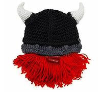 YEKEYI Viking Knit Hat with Horns Funny Wig Beard Hats Handmade Winter Beard Facemask Wig Beanie Hat for Adult Kid Black Red
