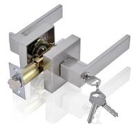 YELANGU 1 Pack Satin Nickel Door Handle Lock, Entrance Door Handles with Lock and Key, Safety Locks Cover Outer Door Handle(Silver)