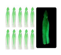 YELARXI Fishing Squid Skirts, Glow Soft Plastic Trolling Lures Luminous 3.5 x 0.4 Inch & 10 Pcs & Clear/Green -Fitting for (Bass/Trout/Salmon/Saltwater/Fishing Bait)