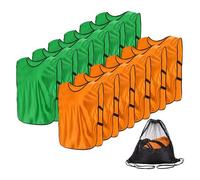 YELARXI Soccer Pennies, Team Sport Practice Jersey, Soccer Pinnies Scrimmage Vest with Elastic Bands Drawstring Bag 27.6"x18.5" & 12 Pcs & Green/Orange Red -Fitting for (Adult/Basketball)