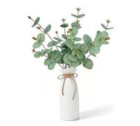 YELIKIT Artificial Eucalyptus Stems with Vase, 18" Fake Plant Greenery Branches Golden Leaves Faux Eucalyptus Stems for Home Office Farmhouse Wedding Table Centerpiece Décor