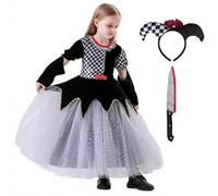 YELKOEYN Girls Scary Clown Costume - Clown Outfit Kids Scary Art, Halloween Circus Outfit with Blood Detail Fake Knife, Joker Girls Set for Halloween Fancy Parties Carnival Events (140)