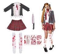 YELKOEYN M-Zombie Schoolgirl Costume - Halloween Costume Girl with Checked Skirt, Grey Jacket, Bloody Tie and Socks, Halloween Fancy Dress Carnival Party, Zombie Costume Girls, Horror, Women