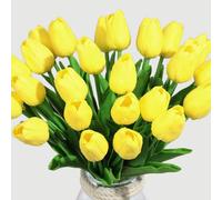 (Yellow) 10Pcs Artificial Flowers Fake Flower Tulip Latex Material Real Touch for Wedding Room Home Hotel Party Decoration and DIY Decor