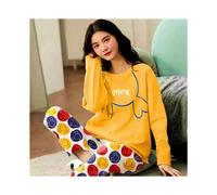 (Yellow, 5XL) Fall and Winter Women's Suit Pajamas Long-Sleeved Long Pants Homewear Two-Piece Set Ladies Cartoon Pattern Sleepwear Loungewear