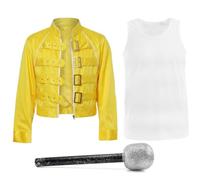 Yellow 80's Rockstar Jacket Set - 3 Piece Set Includes Yellow Buckle Jacket, White Vest and Glitter Microphone Prop - 1980's British Rock Legend Tribute Outfit Adults Fancy Dress Costume