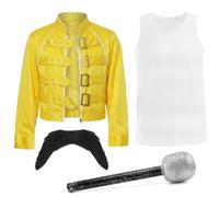 Yellow 80's Rockstar Set - 4 Pc Set Includes Yellow Buckle Jacket, Adhesive Moustache, White Vest and Glitter Microphone Prop - 1980's British Rock Legend Tribute Outfit Adults Fancy Dress Costume