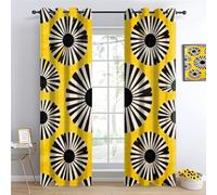 Yellow and Black Geometry Thermal Insulated Drape, radiata Ring Top Blackout Curtains, Retro-modern style Drapes W60 x L140cm 2 Panels, Geometric shapes Eyelet Darkening Curtain for Boys Girl Bedroom
