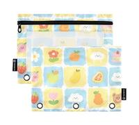 Yellow and Blue Bear Flower Check Pattern Pencil pouching with Clear Window Zippered Pencil case Big Capacity 3 Ringing Binder Pocket for Storing School Office Supplies Multicolored 2 PCS