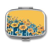 Yellow and Blue Floral Pill Box 2 Compartment Small Square Pills Case Portable for Pocket Pill Organizer Travel Metal Pill Holder for Office Home Vitamin Medicine Fish Oil