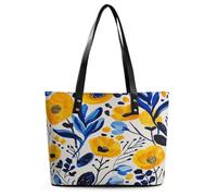 Yellow And Blue Flowers Tote Bag Large Soft Leather Purse with Zipper Lightweight Ladies Shoulder Handbag