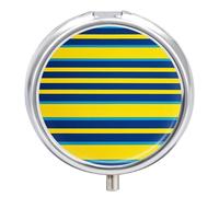 Yellow and Blue Stripes Pill Box 3 Compartment Small Pill Case with Mirror for Purse & Pocket Travel Medicine Organizer Daily Medication Container Portable Pillbox Metal Medicine Box Round Meds Case