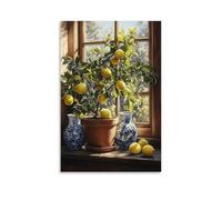 Yellow And Blue Summer Citrus Fruit Lemon Canvas Poster Wall Art, Rustic Farmhouse Kitchen Decor Windows Painting Wall Decor for Kitchen Dining Room Living Room Hallway Office Study Nursery Entryway 1