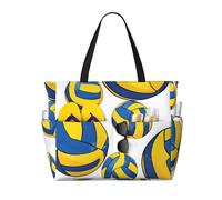 Yellow and Blue Volleyball Print Large Capacity Beach Travel Bag, Waterproof Beach Tote Bag with Zip and Pocket, Tote Bags for Traveling, Shopping, Pool