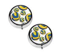 Yellow and Blue Volleyball Round Pill Box Compact 3 Compartment Metal Pill Organizer with Print Design, Portable Travel Medication Case for Daily