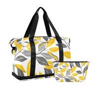 Yellow and Gray Seamless Leaf Pattern Gym Tote Bag Sport Training Bag with Toiletry Bag for Travel Multifunctional, Yellow and gray seamless leaf pattern, One Size