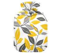 Yellow and Gray Seamless Leaf Pattern hot Bottle Water Bag with Soft Cover, 1L Warm Compress for ( Scenario), Menstrual Cramps, bolsas de agua Caliente para Dolores