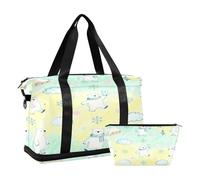 Yellow and Green Polar Bear 2 Pcs Set Oversized Travel Duffel Bag Carry On Shoulder Weekend Tote with Adjustable Strap for Workout