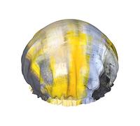 Yellow And Grey Abstract Art Painting Shower Cap Women Reusable Long Hair Caps Adjustable Double Layer Bathing Shower Hat For Women Kids Suitable For All Lengths
