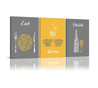 Yellow and Grey Modern Kitchen and Dining Room Wall Art Decor Abstract EAT DRINK LOVE Theme Canvas Prints for Coffee Bar Restaurant Cafe or Home Decoration Pictures Framed Ready to Hang, Set of 3