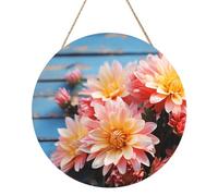 Yellow and Pink Flowers Round Wood Panel Painting 12 Inch Hanging Plaque Rustic Farmhouse Wall Art Home Decor with Rope