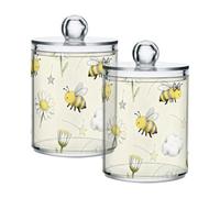 Yellow and White Daisy Flower and Bee Clear Plastic storage container with lid Bathroom Essentials Decorative storage bin for Cotton Swabs,Cotton Pads,Floss Picks,Paper Clips,Hair Clips 2 Pack