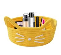 Yellow Animal Laundry Basket Organizer Cat Storage Basket Animal Storage Basket With Cat Design Woven Organizer With Ears For Bedroom Woven Cotton Rope Basket For Bedroom, Kitchen, Bathroom 23x10 Cm