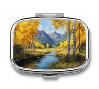 Yellow Aspen Trees Mountains River Pill Box 2 Compartment Portable Medicine Pill Case Travel Pill Organizer for Pocket Purse