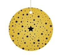 Yellow Background with Black Stars Double-Sided Ceramic Christmas Ornaments - Round Hanging Mini Xmas Tree Decorations, Ideas for Farmers, Rustic Home Decor for Indoor Outdoor Tree Decor