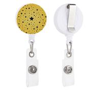Yellow Background with Black Stars Retractable Badge Reel - Personalized ID Name Badge Holder with Lanyard Cute Badges Reel Holder Round Nurse Doctor Name Tag Badges Clip for Work