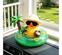 Yellow Beach Duck Car Ornament, Cute Dashboard Decor with Sunglasses & Sun Hat, Swim Ring Coconut Tree Drink Style Duck Decoration for Car Interior