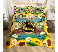 Yellow Bee Duvet Cover Set Single Size, Sunflower Daisy Flower Bedding Set 2pcs for Kids Boys Girls Room Decor, Botanical Floral Comforter Cover Rustic Farmhouse Quilt Cover with 1 Pillowcase
