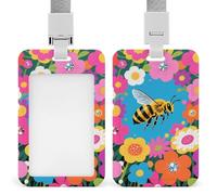 Yellow Bee in Flower Field Retractable ID Badge Holder with Lanyard - Vertical Badge Reel,Keychain Clip,Name Tag Id Card Holder Protector for Nurse Officer Teacher Security Staff Women Men